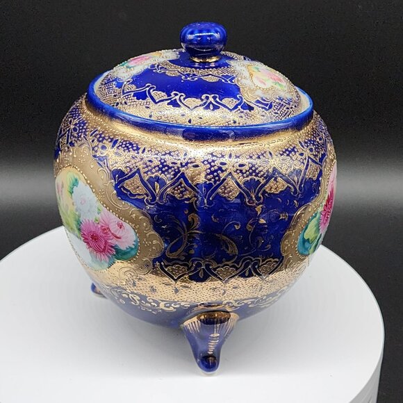 Antique Porcelain Biscuit Jar Hand-Painted Cobalt Blue & Gold Porcelain Lidded - Picture 4 of 13